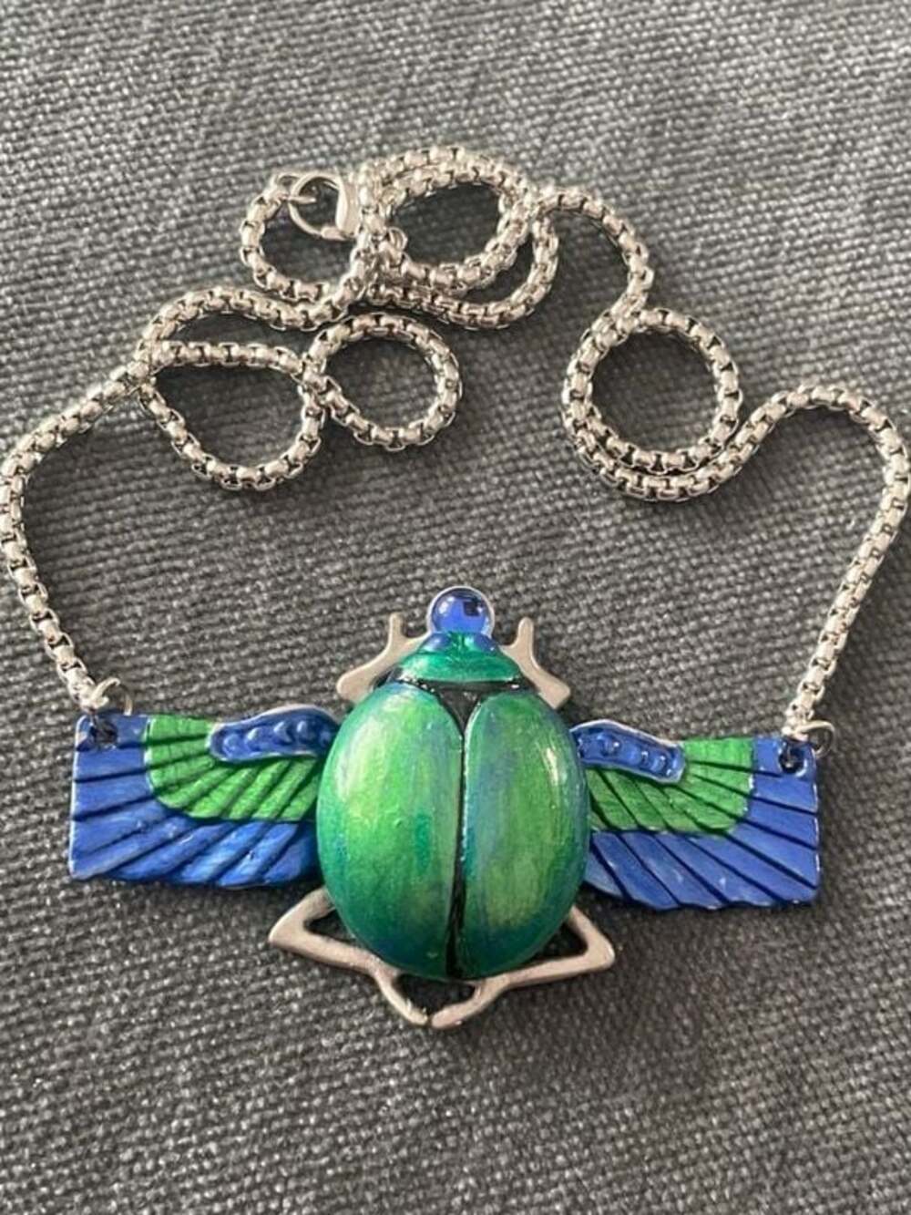 Egyptian Style Winged Scarab Necklace Green and Blue Enamel Pendant on Box Chain